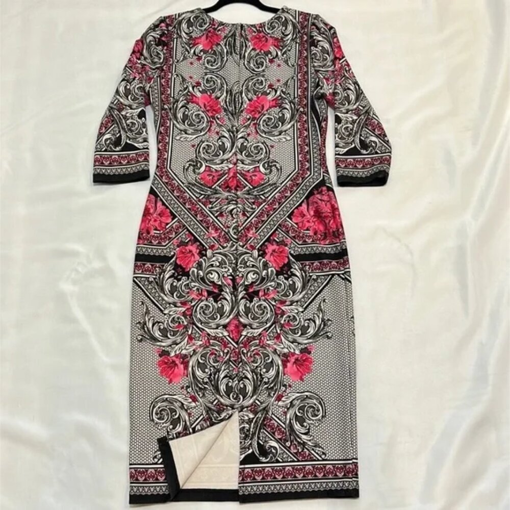 BEIGE by eci classy & elegant sheath midi dress (SIZE 10) Black/pink/white - Picture 2 of 8